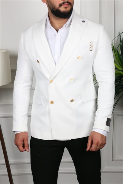 Beyaz Blazer Tek Ceket Sivri Yaka İtalyan Stil Slim Fit | Agustini
