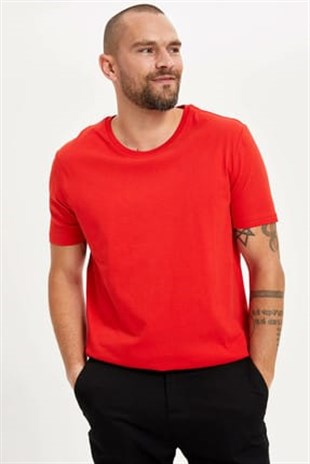 Erkek Kırmızı Bisiklet Yaka  Fit T-shirt  | Agustini
