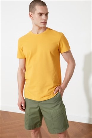 Erkek Sarı Bisiklet Yaka  Fit T-shirt  | Agustini